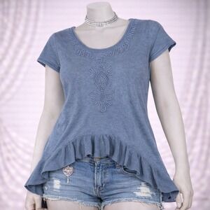 Wrap London Linen Hi Low Tunic‎ Top Womens 4 Small Blue Boho Ruffle Cottage